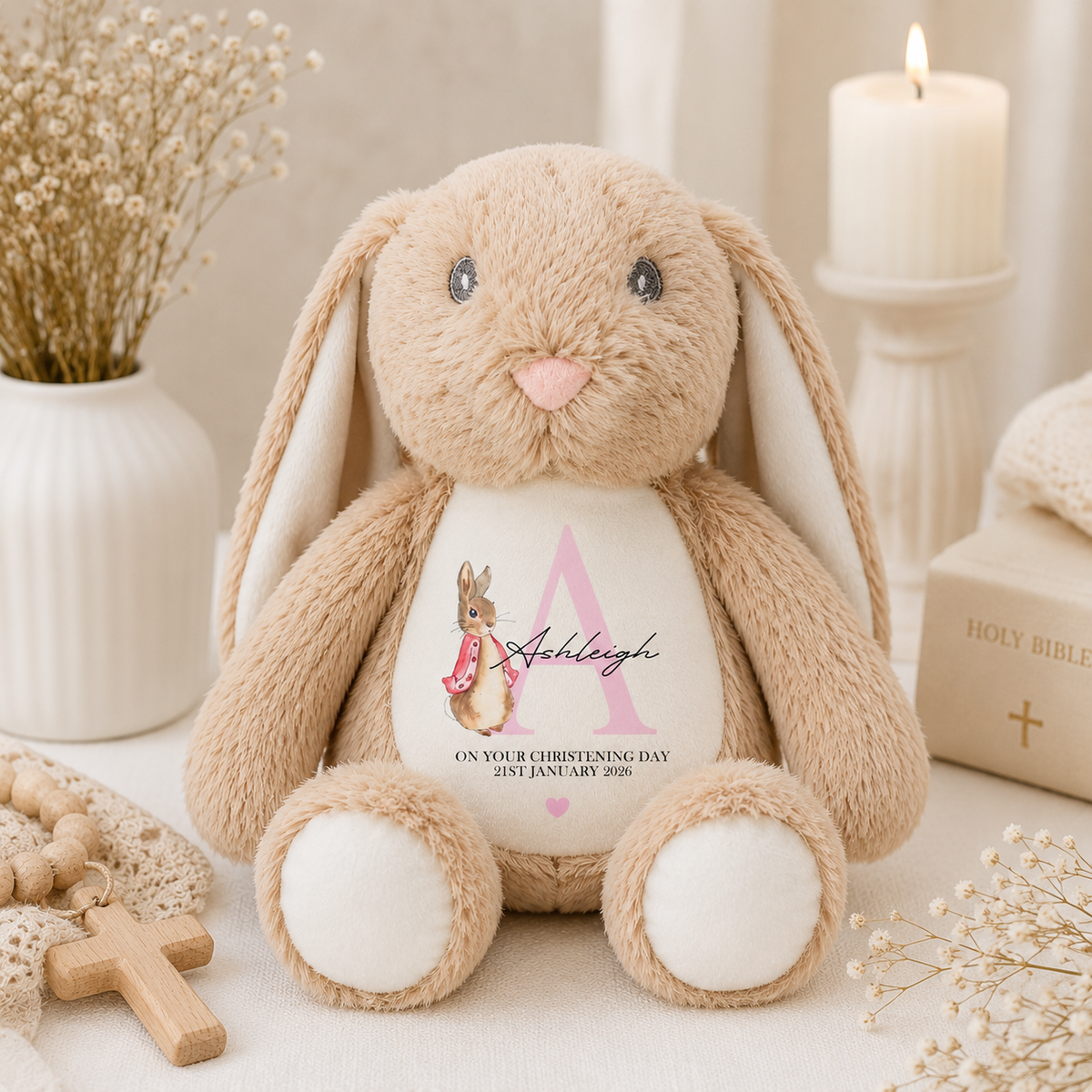 Personalised Christening Bunny | Christening Teddy Gift | Baptism Bunny Rabbit | Custom Christening Keepsake | Baby Dedication Gift | Naming Day Bunny