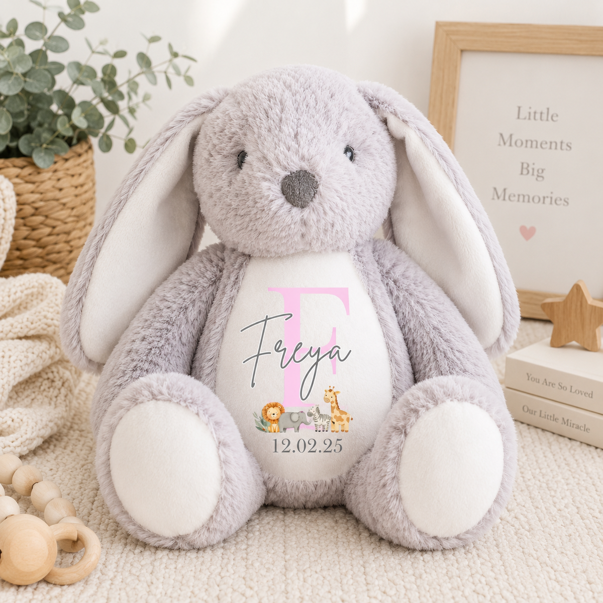 Personalised Safari Bunny Teddy | Custom Baby Name Bunny | Safari Nursery Gift | Personalised Plush Bunny | New Baby Keepsake Teddy | Baby Shower Gift
