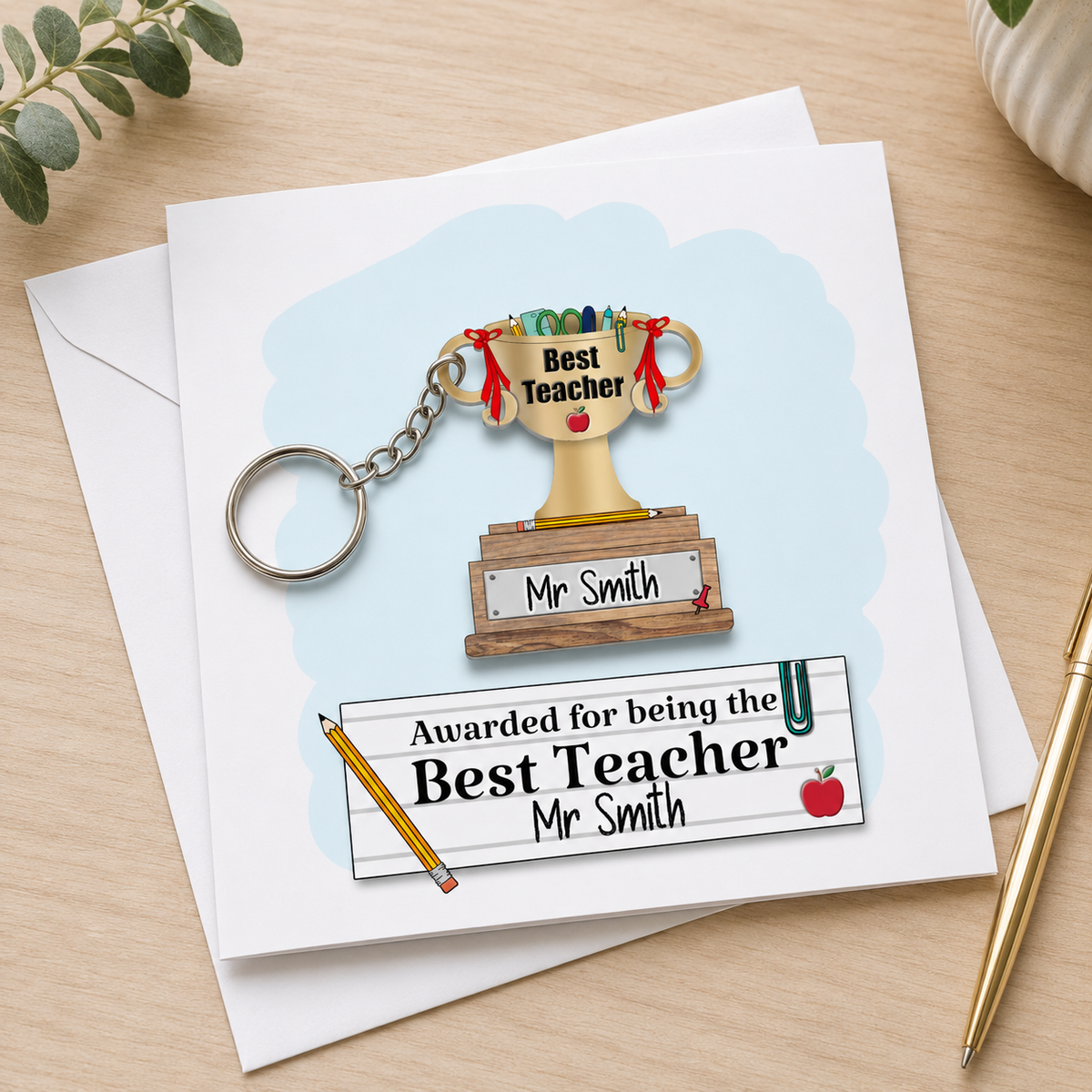 Personalised Best Teacher Card with Trophy Keepsake Keyring