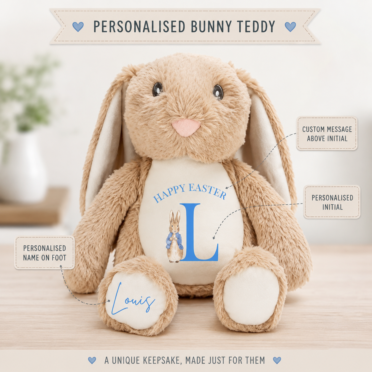 Personalised Easter Bunny Teddy | Custom Bunny Rabbit Plush | Easter Gift for Children | Personalised Soft Toy with Name & Initial | Blue or Pink Design