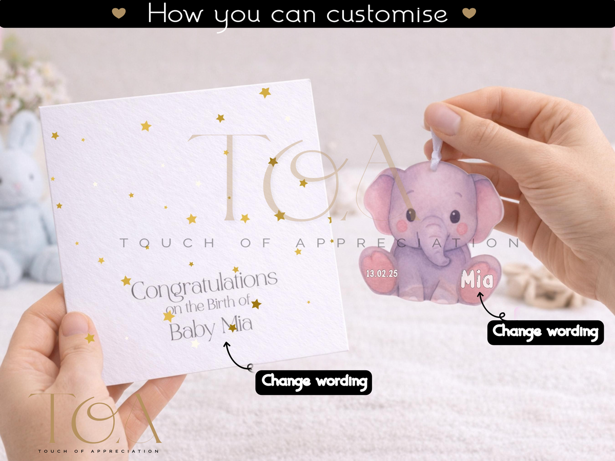 Personalised New Baby Card with Detachable Keepsake Elephant