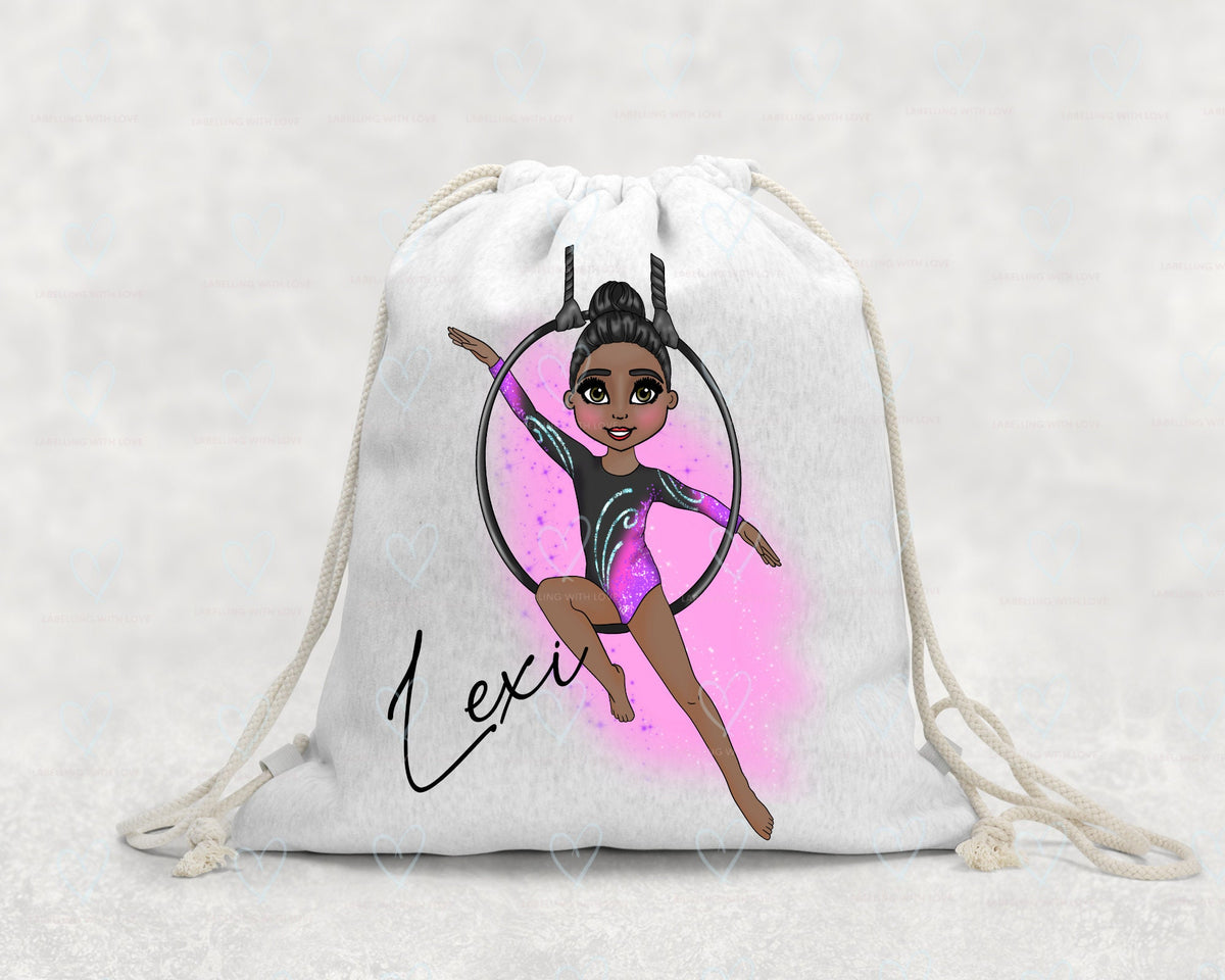 Personalised Aerial Hoop Drawstring Bag | Custom Gymnast Bag | Girls Dance & Circus Bag | Personalised Linen PE Bag | Aerial Hoop Gift for Girls