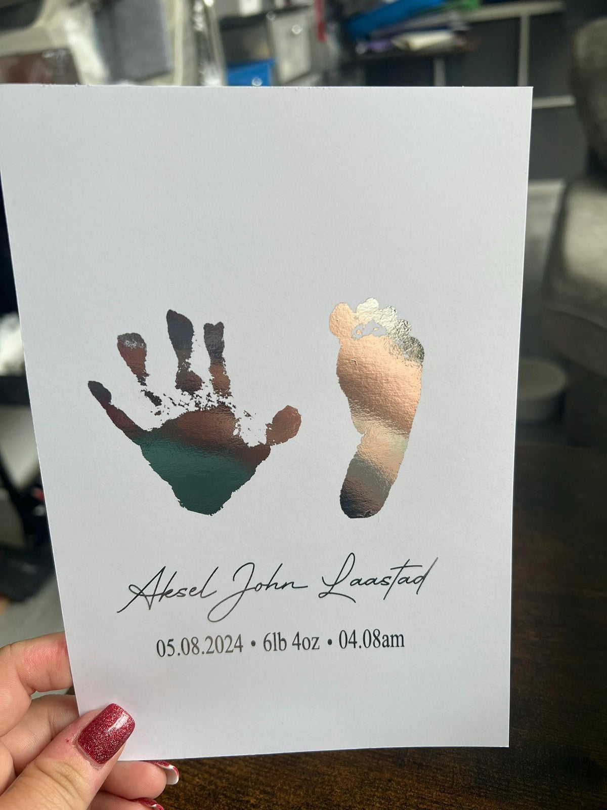 Personalised Foiled Baby Hand and Foot Print | Foiled A6 Picture | Personalised Baby Keepsake