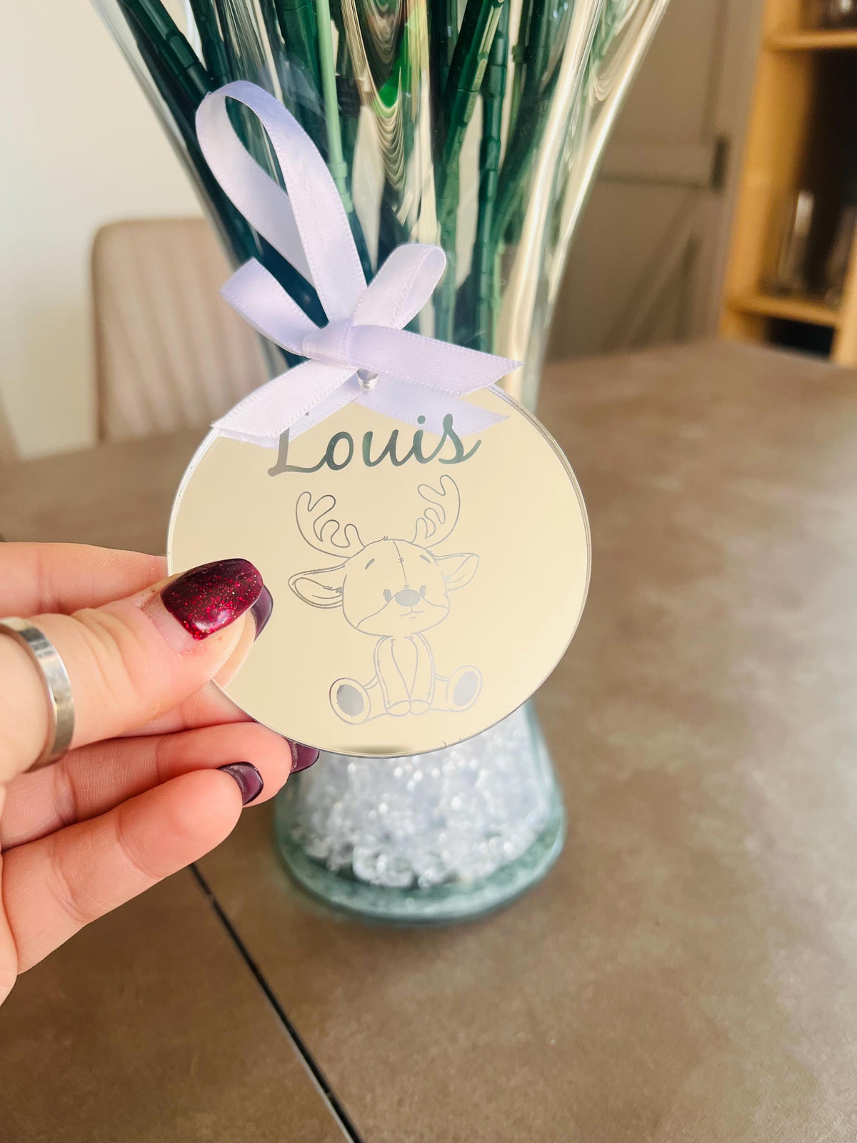 Personalised Reindeer Christmas Bauble, Custom Name Ornament, Baby First Christmas Decoration, Wooden Style Keepsake, Kids Xmas Tree Decor
