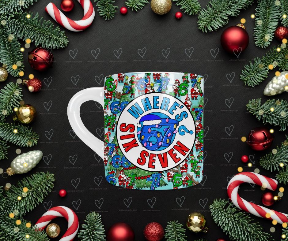 Funny "Where's Six Seven" Christmas Mug • Festive Holiday Puzzle