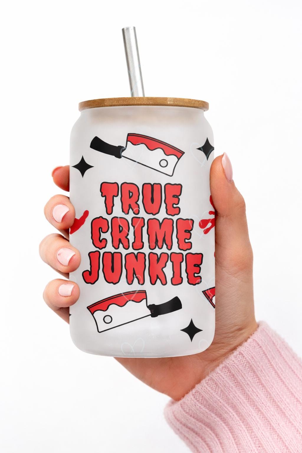 True Crime Junkie Frosted Glass Can, Spooky Podcast Lover Gift