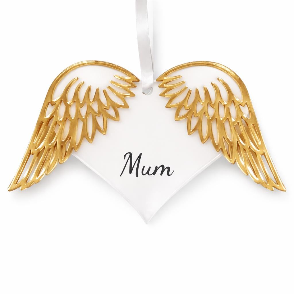 Personalised Angel Wings Heart Ornament, Memorial Decoration, Custom Name Acrylic Heart, Sympathy Gift, Remembrance Hanging Decoration