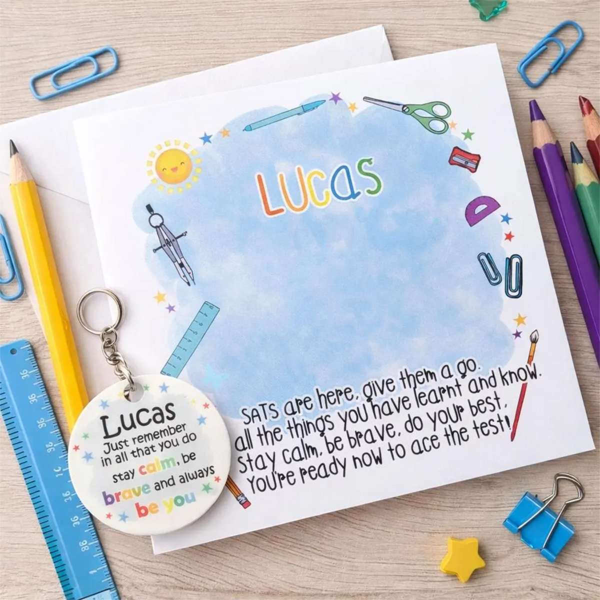 Personalised SATs Good Luck Card with Keyring Keepsake | Exam Encouragement Gift for Kids | Stay Calm Be Brave Gift | Custom Name Card