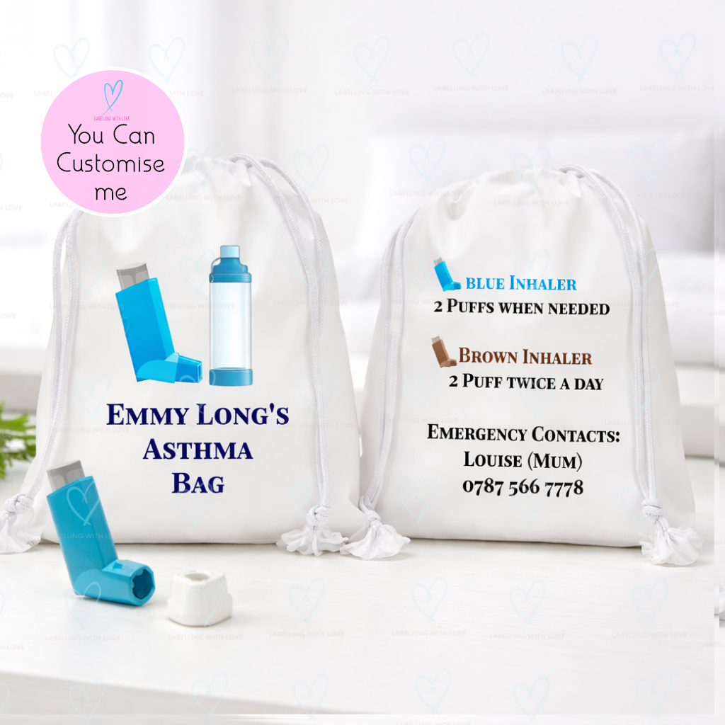 Asthma Inhaler Bag for School | Personalised Asthma Medical Kit | Kids Inhaler & Spacer Pouch | Emergency Asthma Medicine Drawstring Bag
