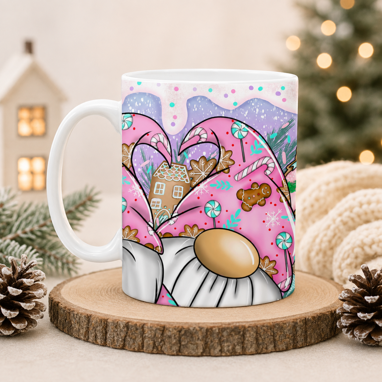 Pink Gingerbread Christmas Gonk Mug – 11oz Festive Gnome Mug