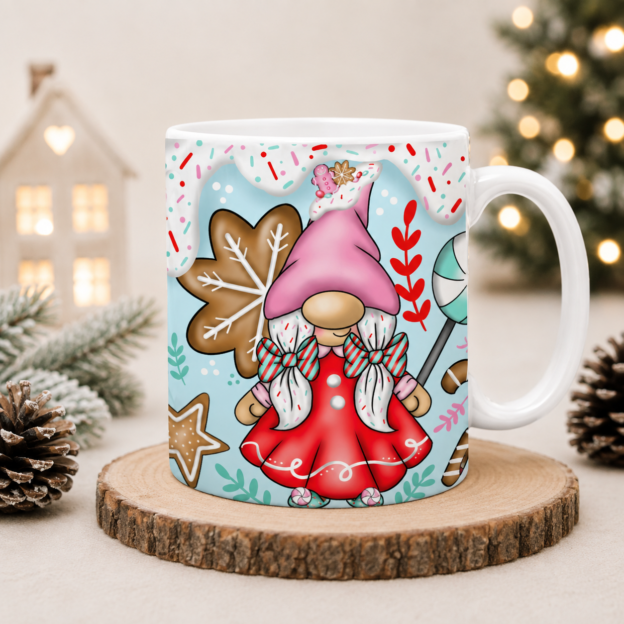 Candy Christmas Gonk Mug – Pink & Mint Gingerbread 11oz Festive Mug