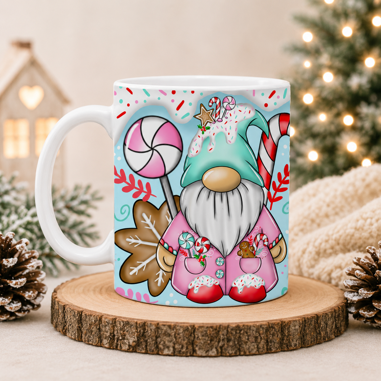 Candy Christmas Gonk Mug – Pink & Mint Gingerbread 11oz Festive Mug