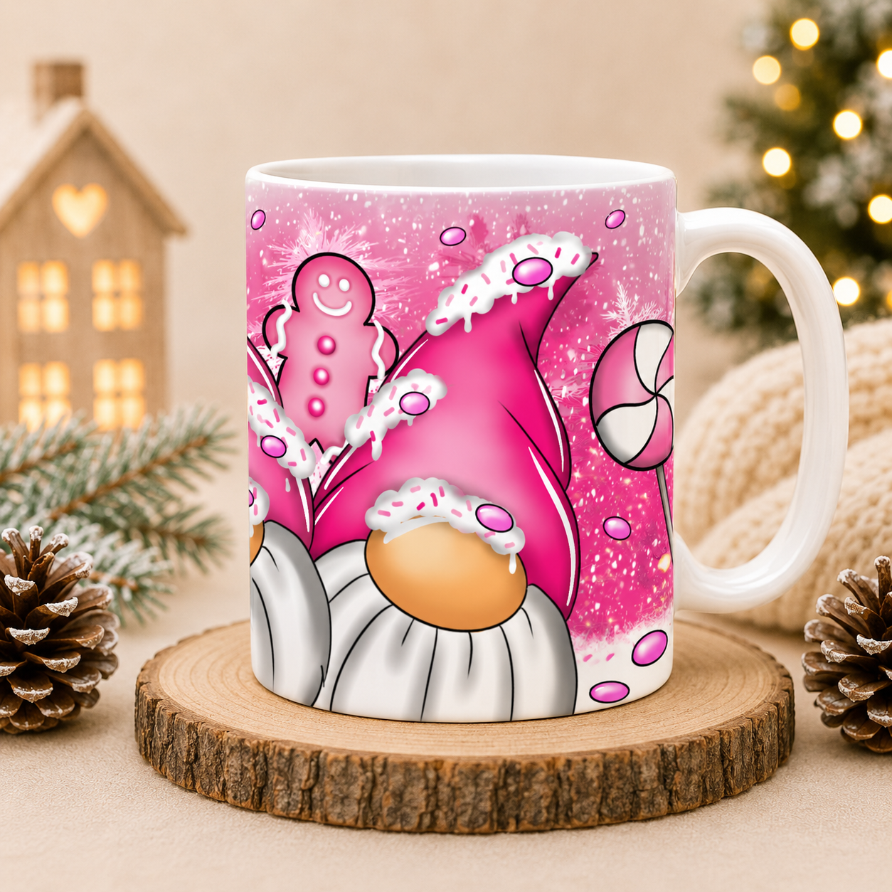 Pink Christmas Gonk Mug – Gingerbread Candy 11oz Festive Mug