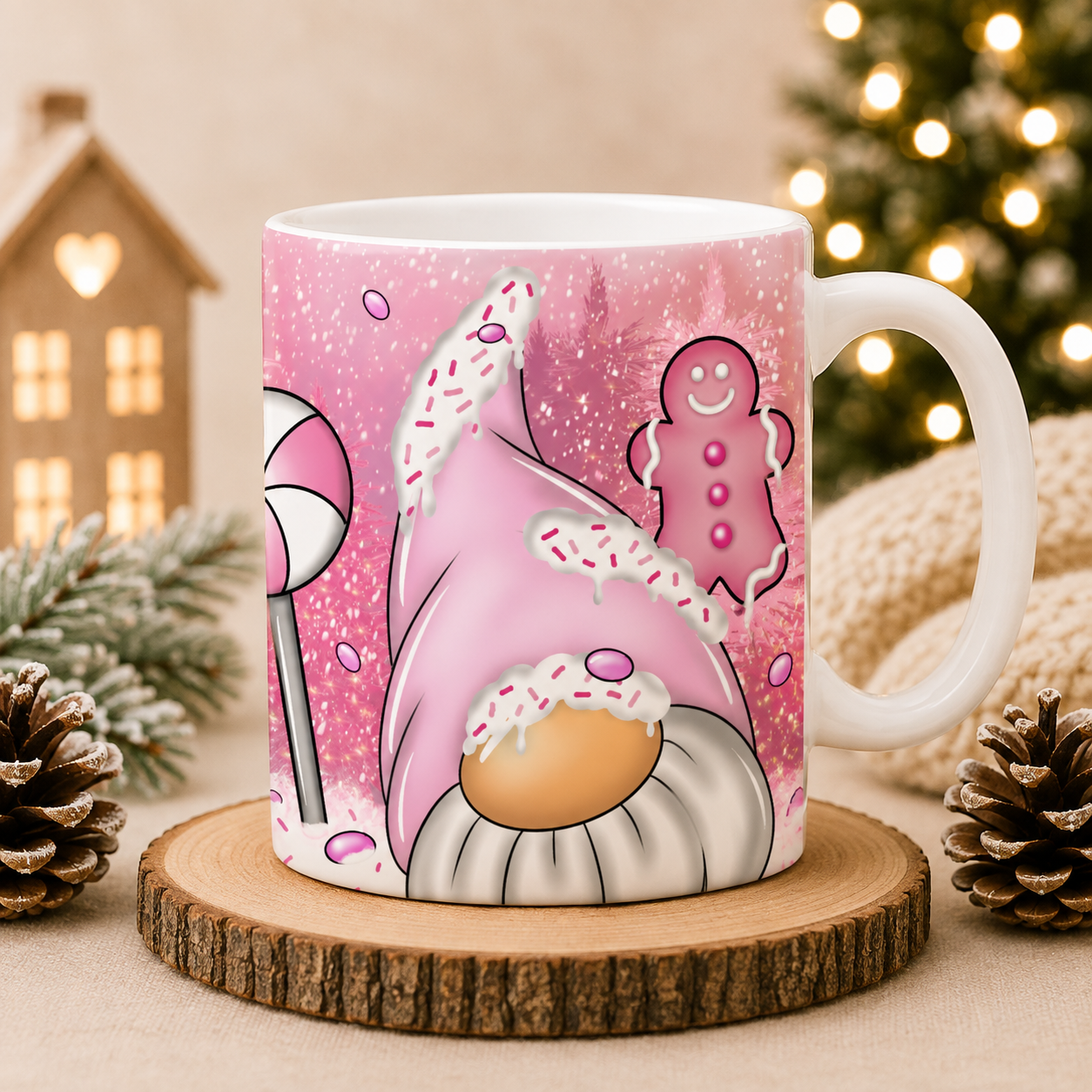 Pink Christmas Gonk Mug – Gingerbread Candy 11oz Festive Mug