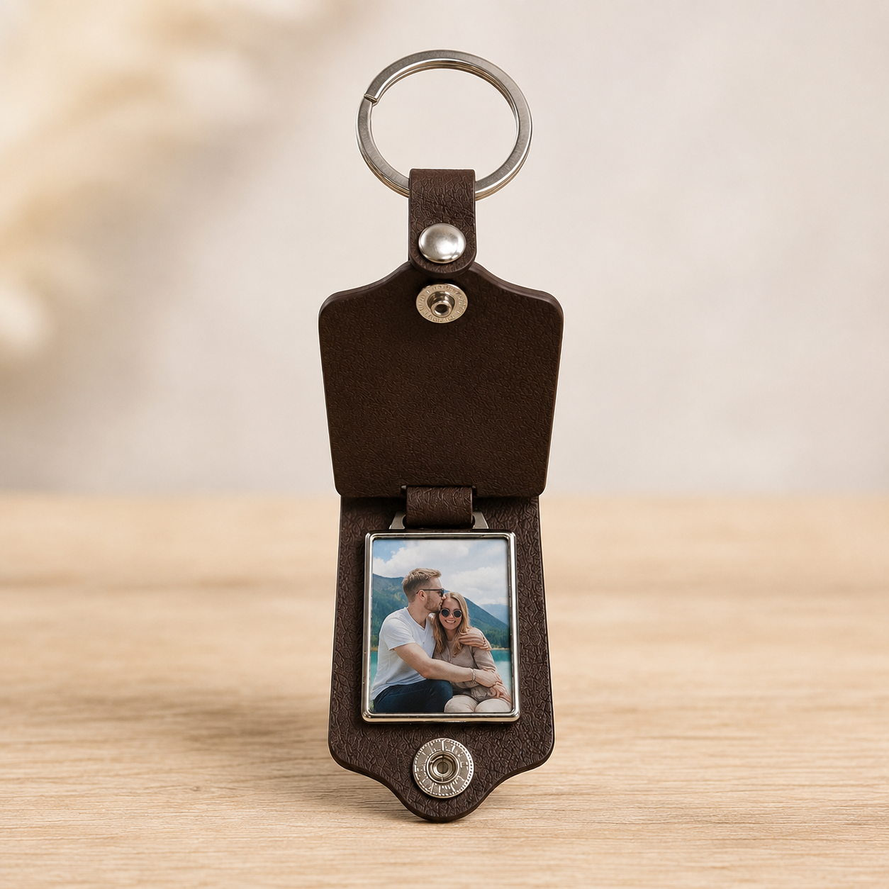Personalised Leather Photo Keyring – Custom Photo & Message