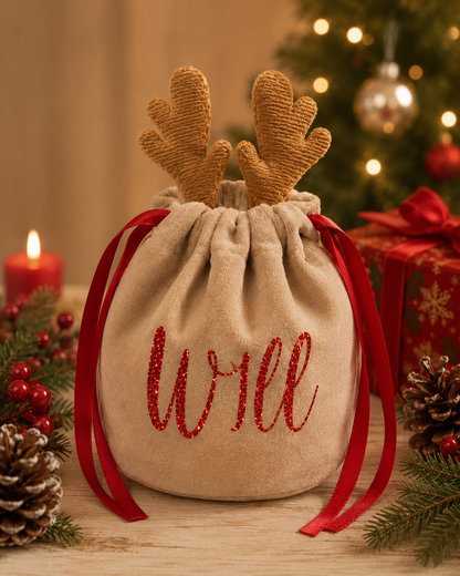 Personalised Christmas Reindeer Pouch Bag | Christmas Eve Treat Bag