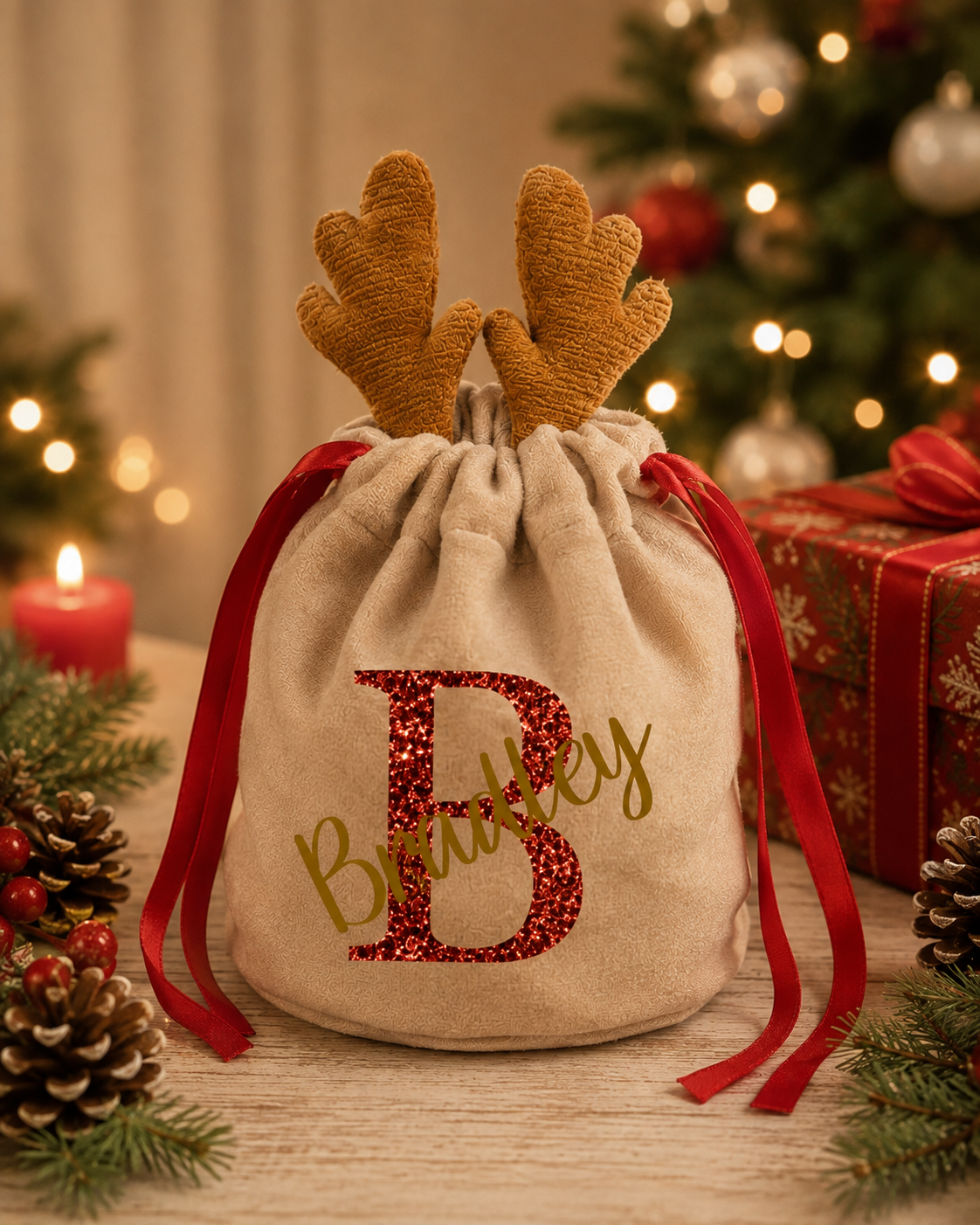 Personalised Christmas Reindeer Pouch Bag | Christmas Eve Treat Bag