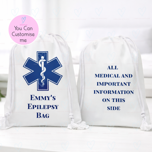Epilepsy Medical Bag for School | Personalised Seizure Emergency Kit | Kids Medication Drawstring Bag | Child Epilepsy Medicine Pouch