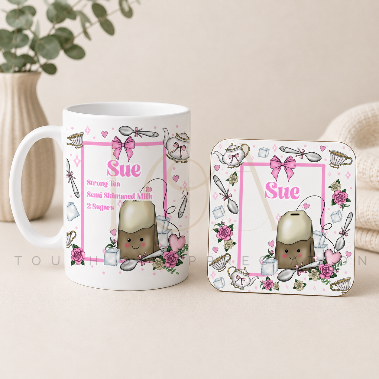 Personalised Tea Lover Mug & Coaster Gift Set – Custom Name & Tea Order