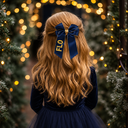 A young girl viewed from behind, wearing a navy blue velvet dress and a matching navy hair bow with gold lettering that reads 'FLO'. The background is decorated with festive green garlands and warm glowing fairy lights.