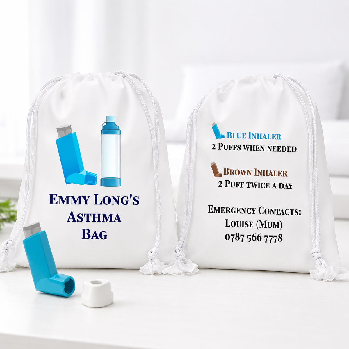 Personalised Asthma Inhaler Bag – Medical Storage Drawstring Bag