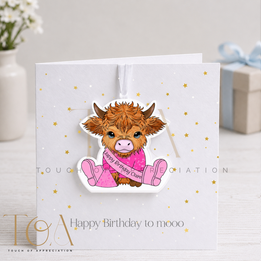 Personalised Highland Cow Birthday Card with Detachable Keepsake