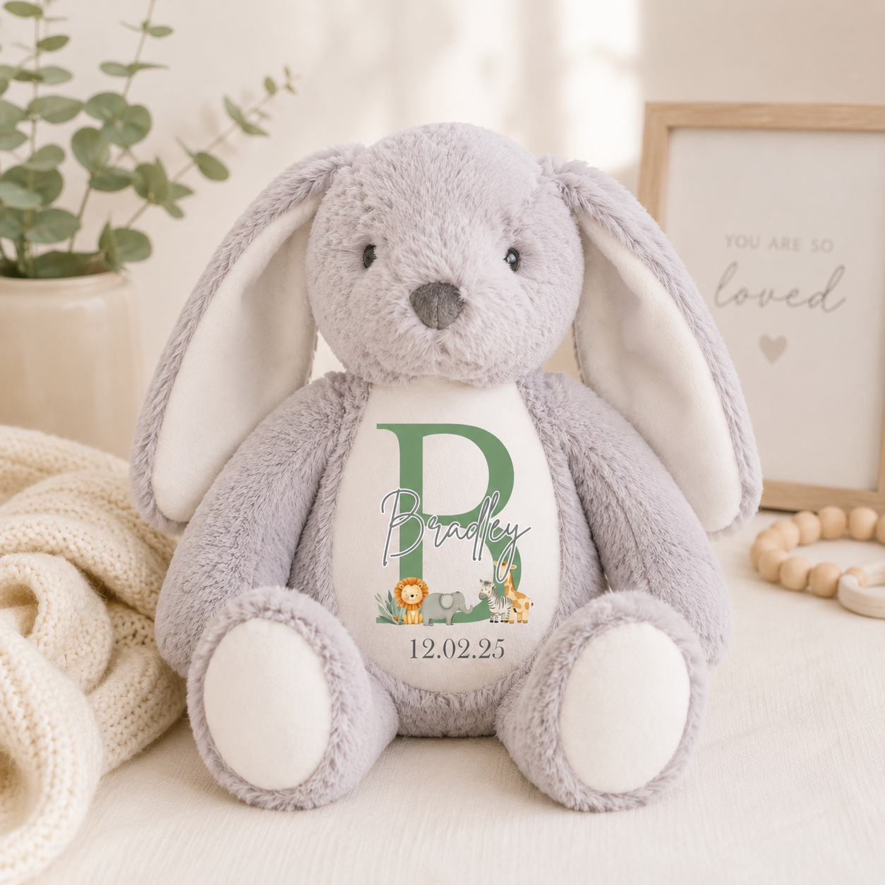 Personalised Safari Bunny Teddy | Custom Baby Name Bunny | Safari Nursery Gift | Personalised Plush Bunny | New Baby Keepsake Teddy | Baby Shower Gift