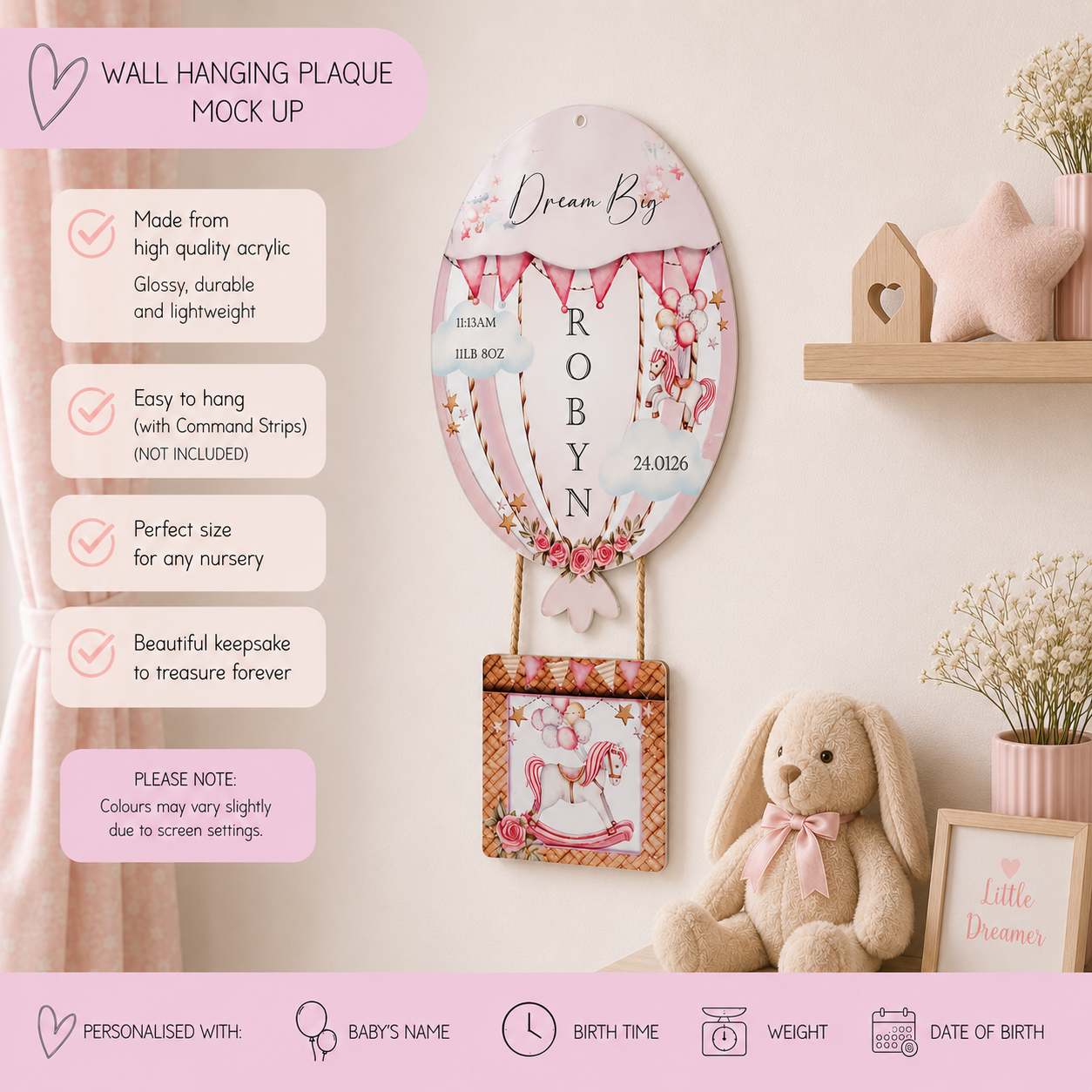 Personalised Hot Air Balloon Nursery Plaque | Baby Birth Announcement Wall Hanging | Custom Baby Name Sign | New Baby Keepsake Gift | Dream Big Decor