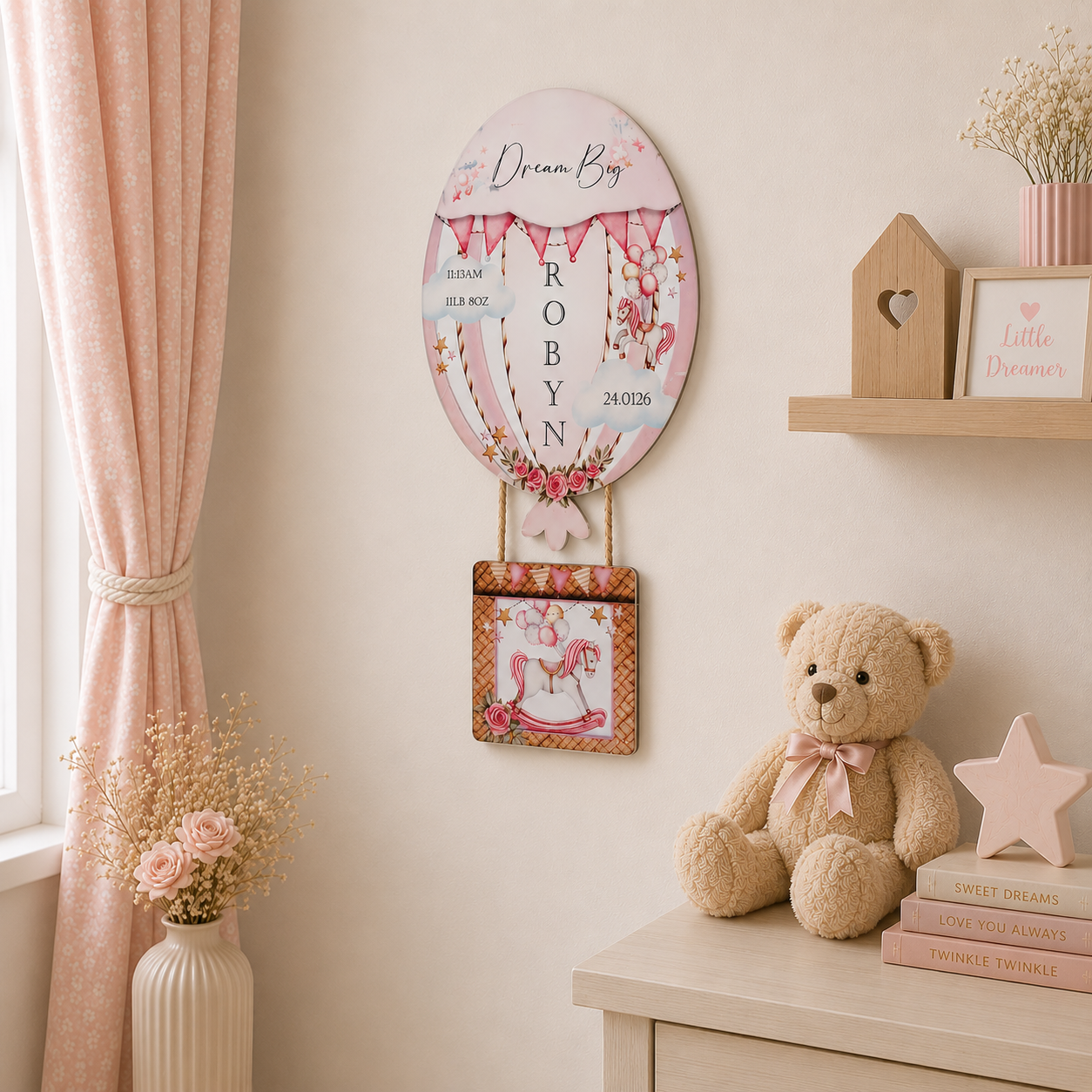 Personalised Hot Air Balloon Nursery Plaque | Baby Birth Announcement Wall Hanging | Custom Baby Name Sign | New Baby Keepsake Gift | Dream Big Decor
