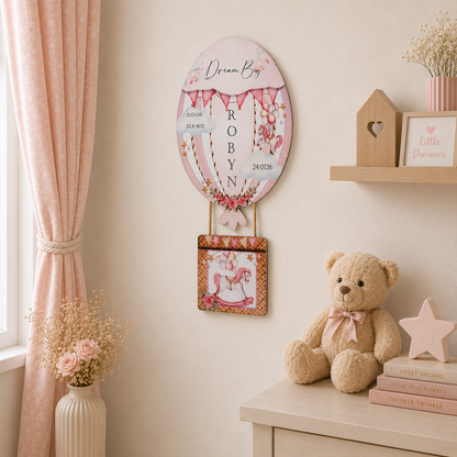 Personalised Hot Air Balloon Nursery Plaque | Baby Birth Announcement Wall Hanging | Custom Baby Name Sign | New Baby Keepsake Gift | Dream Big Decor