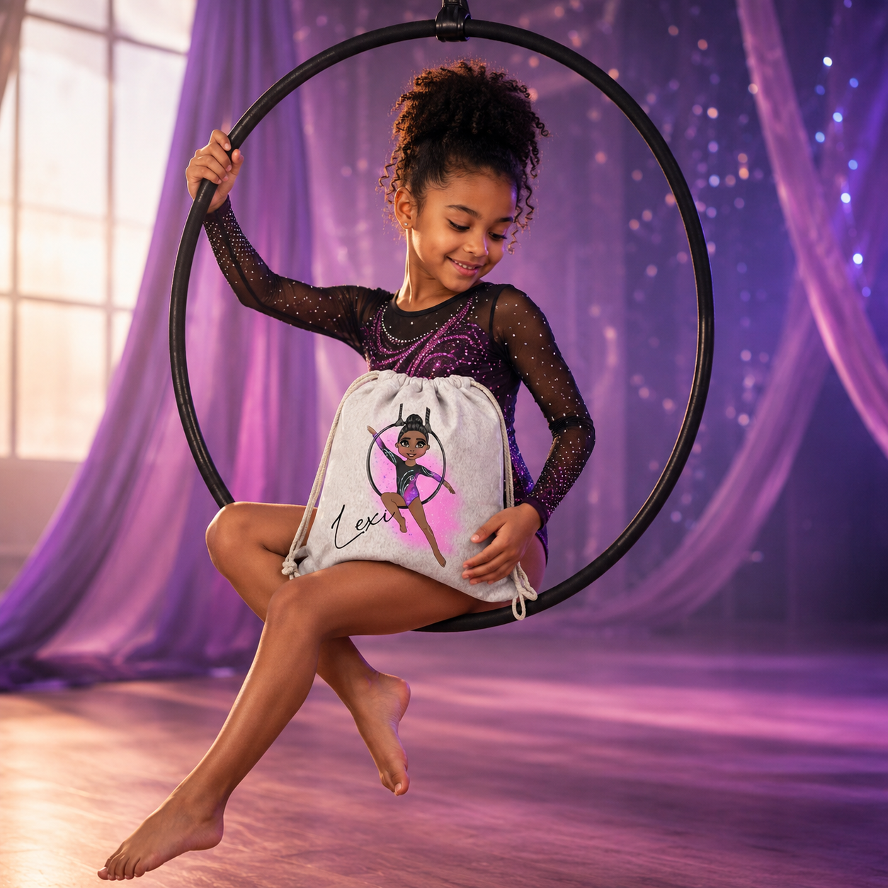 Personalised Aerial Hoop Drawstring Bag | Custom Gymnast Bag | Girls Dance & Circus Bag | Personalised Linen PE Bag | Aerial Hoop Gift for Girls