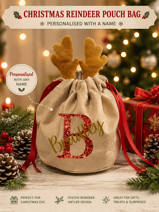 Personalised Christmas Reindeer Pouch Bag | Christmas Eve Treat Bag | Custom Reindeer Gift Sack | Personalised Christmas Gift Bag | Reindeer Drawstring Pouch