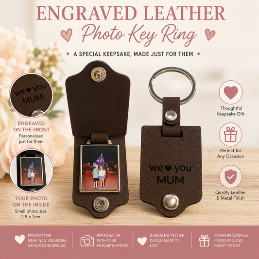 Personalised Photo Keyring in Leather Case | Lether Keychain | Photo Key Ring | Picture Key Chain | Photo leather engaved