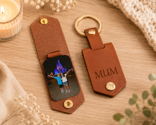 Personalised Photo Keyring in Leather Case | Lether Keychain | Photo Key Ring | Picture Key Chain | Photo leather engaved