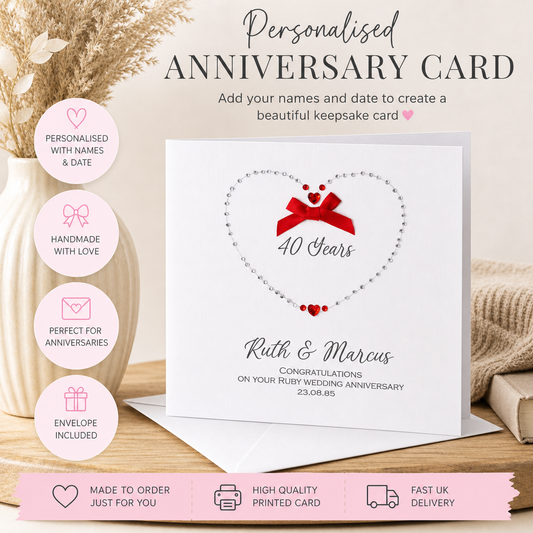 Ruby Wedding Anniversary Card 40 Years – Custom Linen Card – Hand Embellished Heart – Personalised Couple Gift