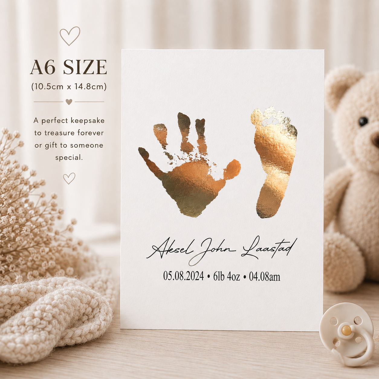 Personalised Foiled Baby Hand and Foot Print | Foiled A6 Picture | Personalised Baby Keepsake