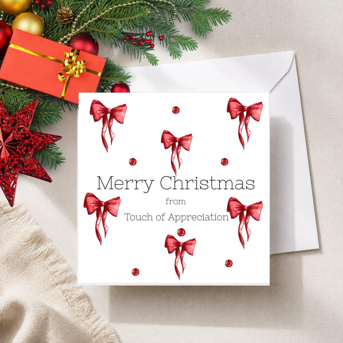 Personalised Red Bow & Rhinestone Christmas Card | Luxury 6x6 Linen Christmas Card