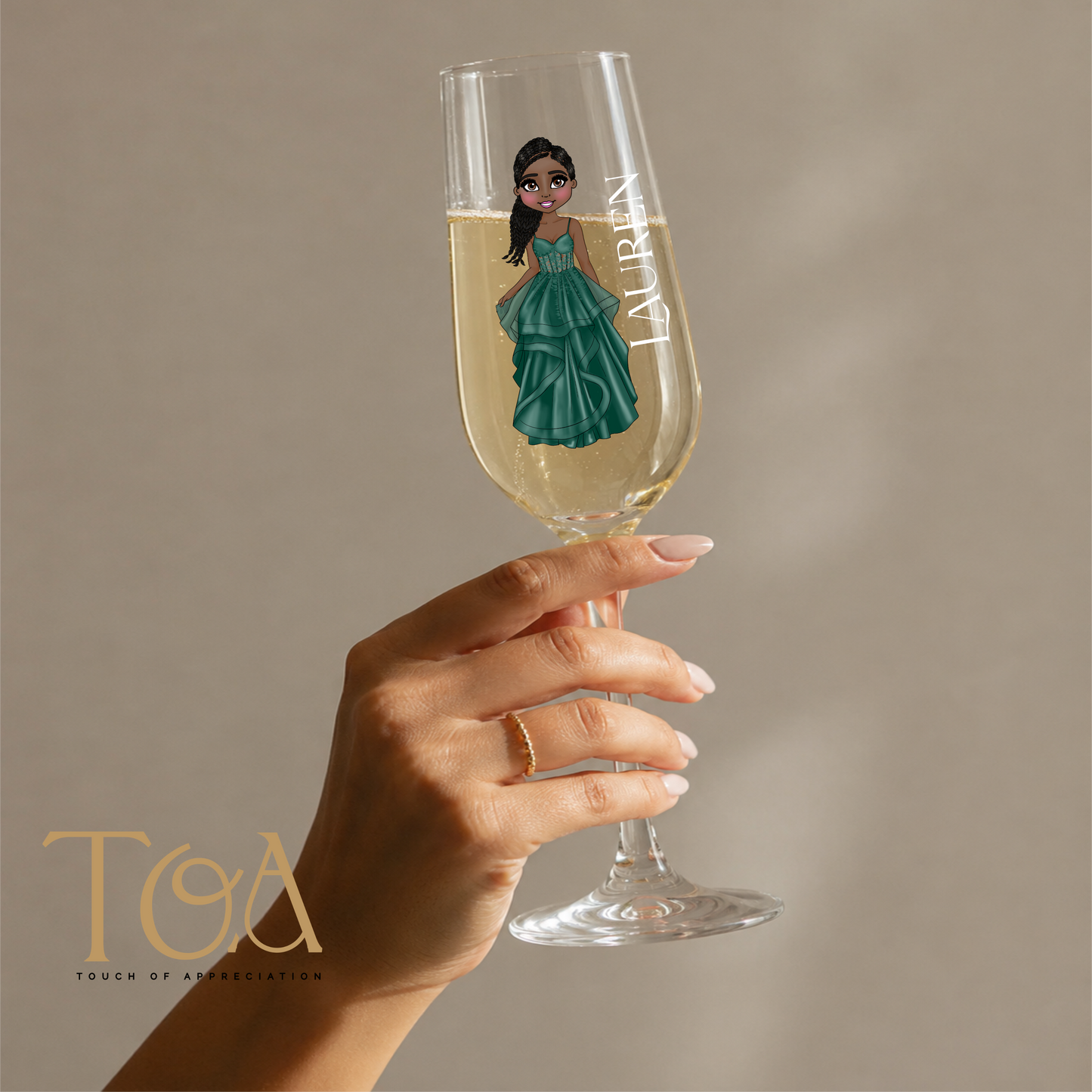 Personalised Prom Champagne Flute Glass – Custom Prom Dolly Design with Name
