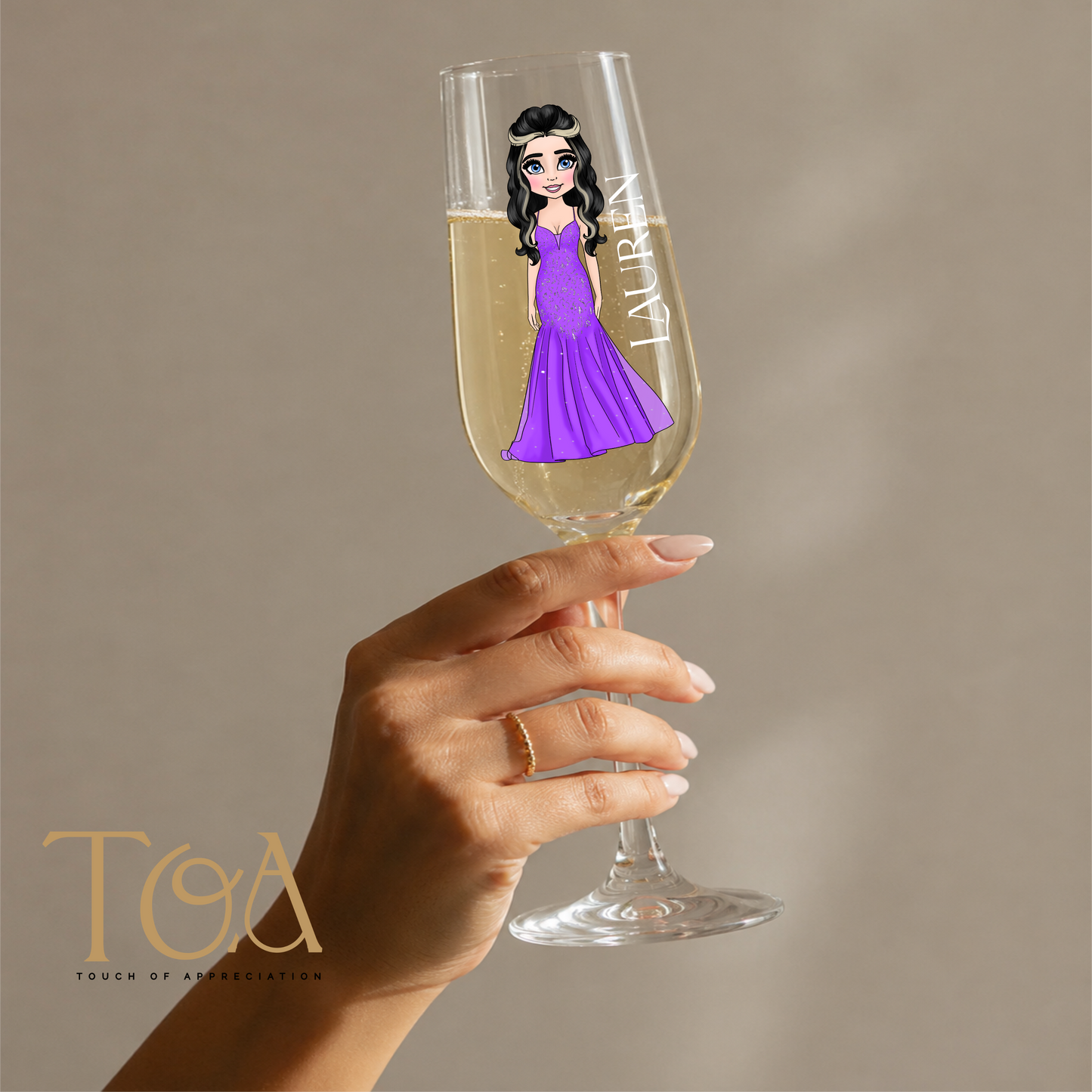 Personalised Prom Champagne Flute Glass – Custom Prom Dolly Design with Name