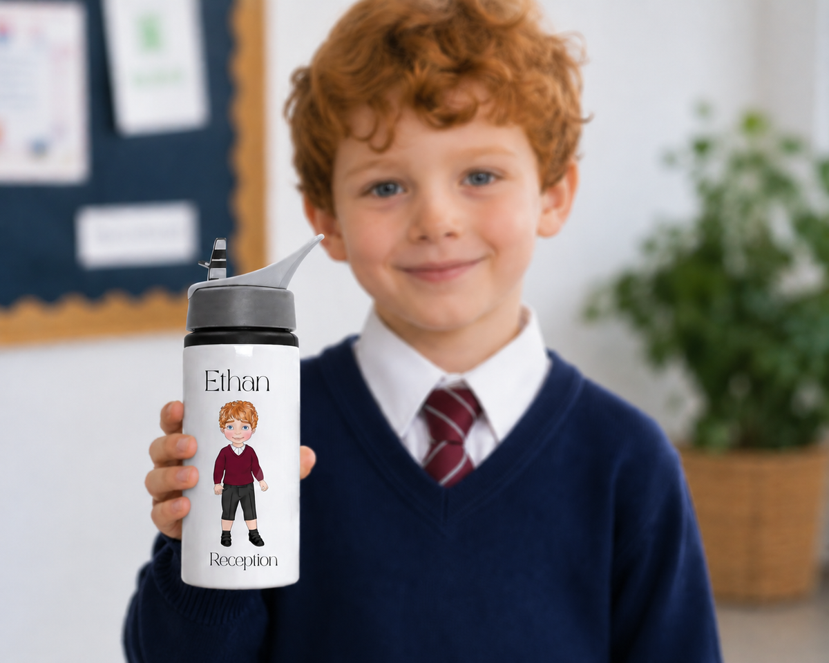 Child holding a personalized water bottle with a name and age printed on it, standing in an indoor setting.