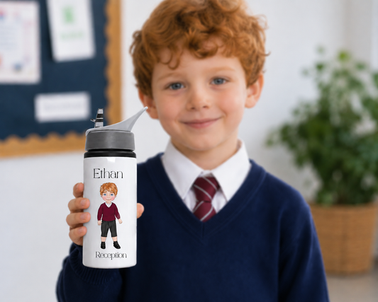 Child holding a personalized water bottle with a name and age printed on it, standing in an indoor setting.