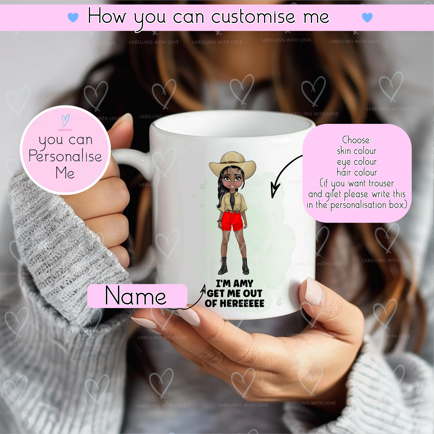Personalised Jungle Mug – “I’m a Celebrity Get Me Out of Here” Style – Custom Cartoon Character Cup – Funny Gift for Her, Custom Name Mug