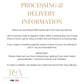 A text-based processing and delivery information card on a white background, with gold title text and black body text detailing shipping times and order status. The Touch of Appreciation logo appears at the bottom with social media icons.