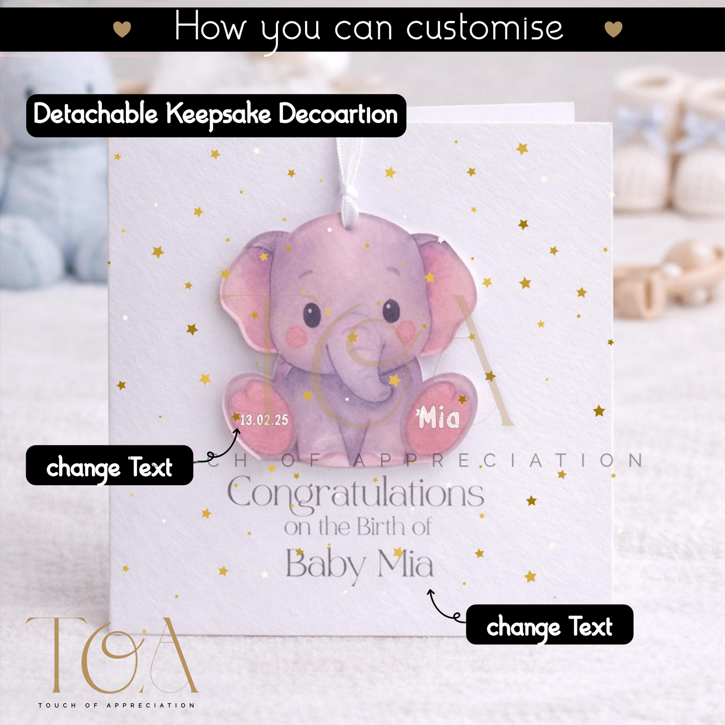 Personalised New Baby Card with Detachable Keepsake Elephant