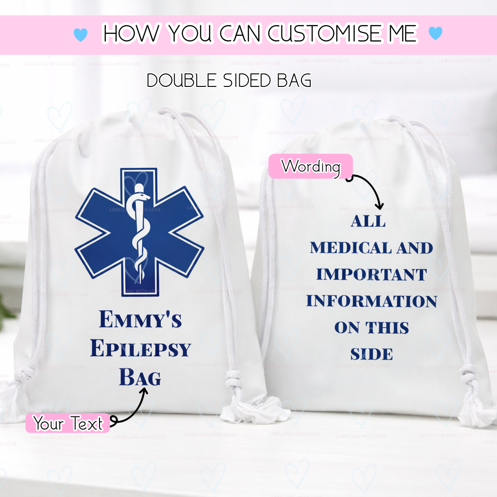 Epilepsy Medical Bag for School | Personalised Seizure Emergency Kit | Kids Medication Drawstring Bag | Child Epilepsy Medicine Pouch