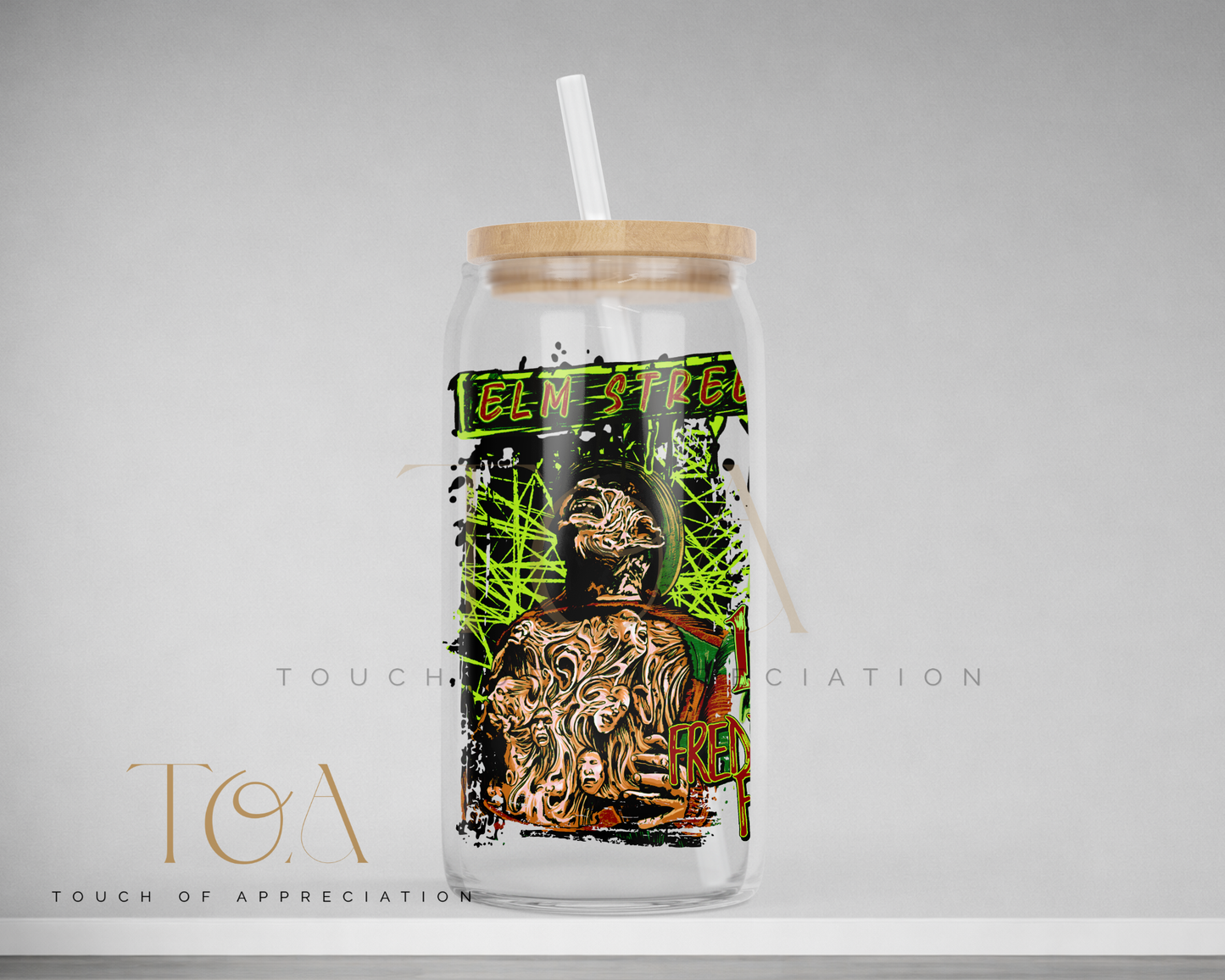 Retro horror movie inspired 16oz drinkware available as a glass can, acrylic can and stainless steel tumbler with bamboo lid and reusable straw.