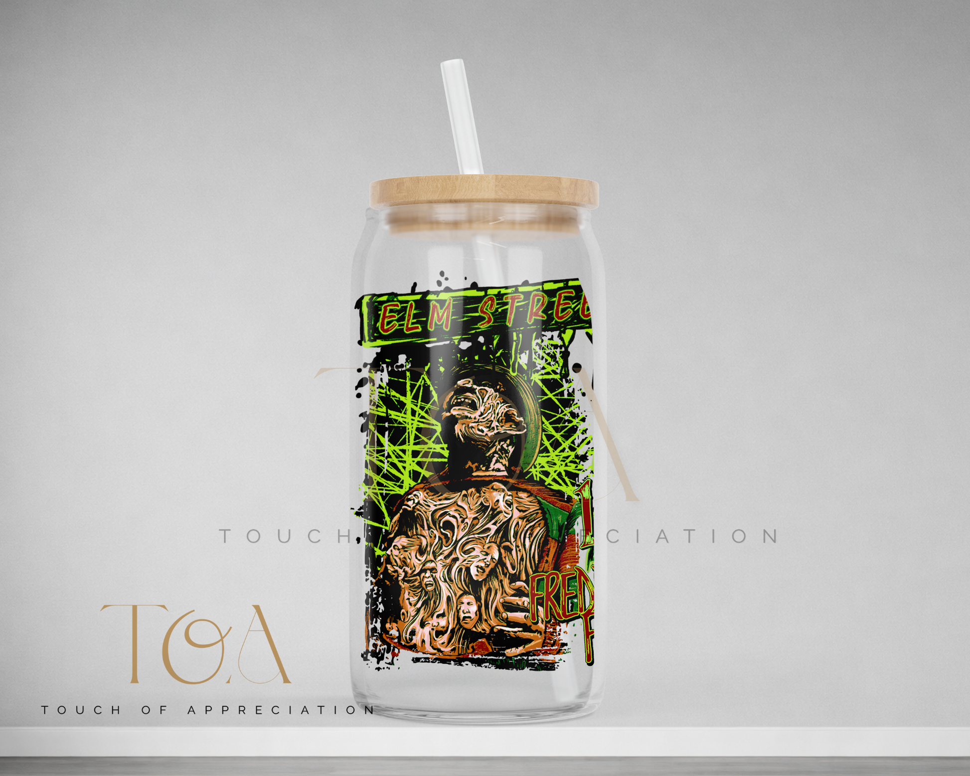 Retro horror movie inspired 16oz drinkware available as a glass can, acrylic can and stainless steel tumbler with bamboo lid and reusable straw.
