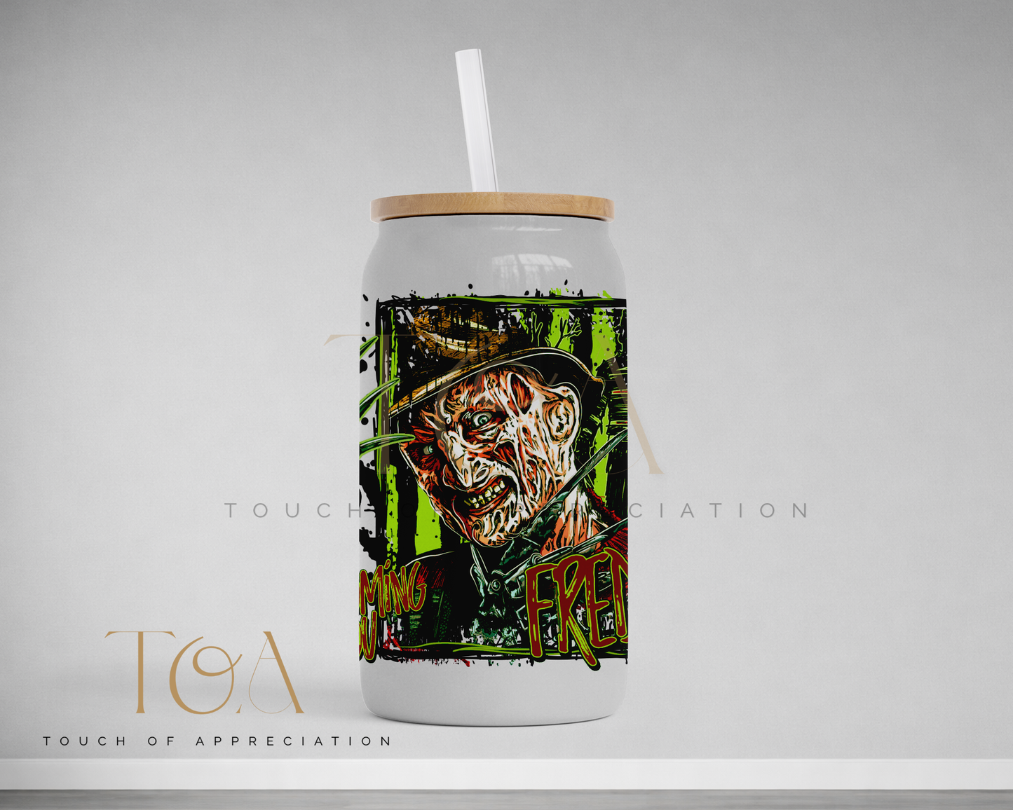 Retro horror movie inspired 16oz drinkware available as a glass can, acrylic can and stainless steel tumbler with bamboo lid and reusable straw.