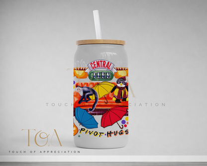 Friends inspired 16oz drinkware available as a glass can, acrylic can and stainless steel tumbler featuring colourful sitcom-inspired illustrations.