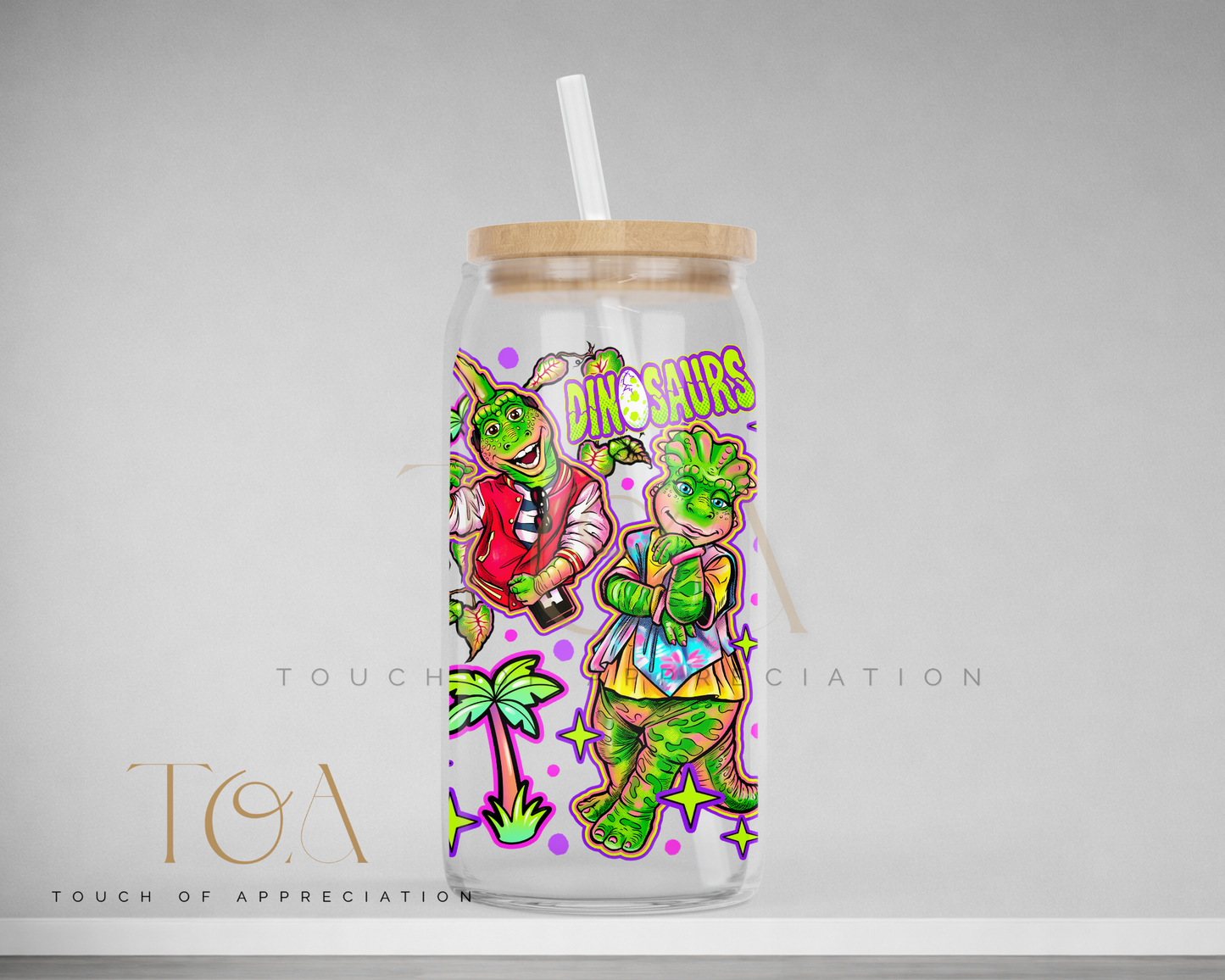 90s Dinosaur Inspired 16oz Glass Can